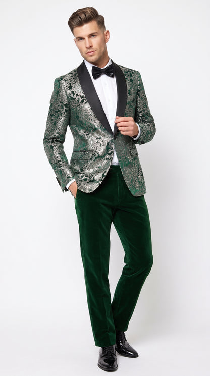 Men’s Emerald Green and Gold Floral Jacquard Tuxedo Suit, Black Satin Shawl Lapel Wedding Prom Formal Suit
