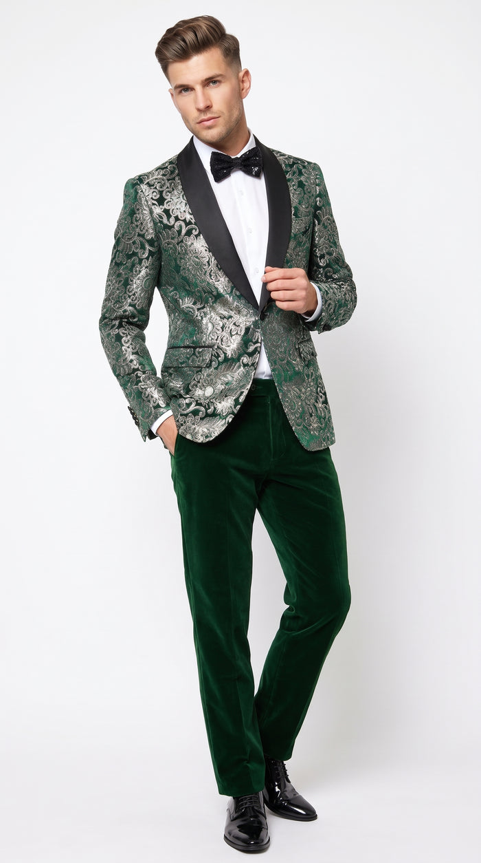 Men’s Emerald Green and Gold Floral Jacquard Tuxedo Suit, Black Satin Shawl Lapel Wedding Prom Formal Suit