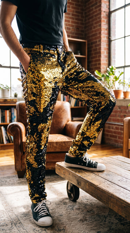 Men’s Gold and Black Sequin Pants, Shiny Party Stage Performance Dress Pants
