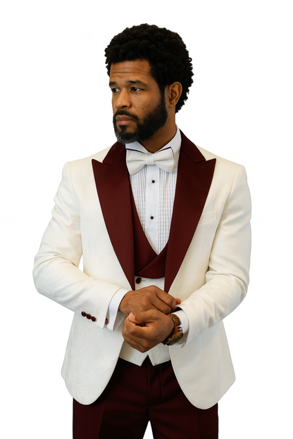 Hilton White and Burgundy Paisley Peak Lapel Tuxedo Jacket with Matching Shawl Vest and Wool Pants – Includes Bow Tie - Image 9