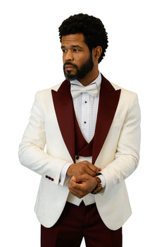 Hilton White and Burgundy Paisley Peak Lapel Tuxedo Jacket with Matching Shawl Vest and Wool Pants – Includes Bow Tie - Image 9