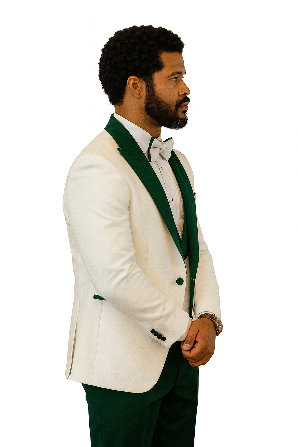 Hilton White and Hunter Green Paisley Peak Lapel Tuxedo Jacket with Matching Shawl Vest and Wool Pants – Includes Bow Tie - Image 7