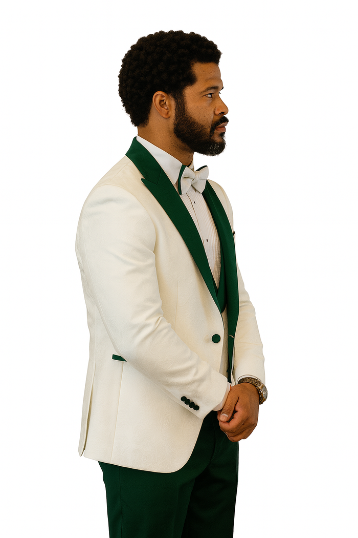Hilton White and Hunter Green Paisley Peak Lapel Tuxedo Jacket with Matching Shawl Vest and Wool Pants – Includes Bow Tie - Image 7