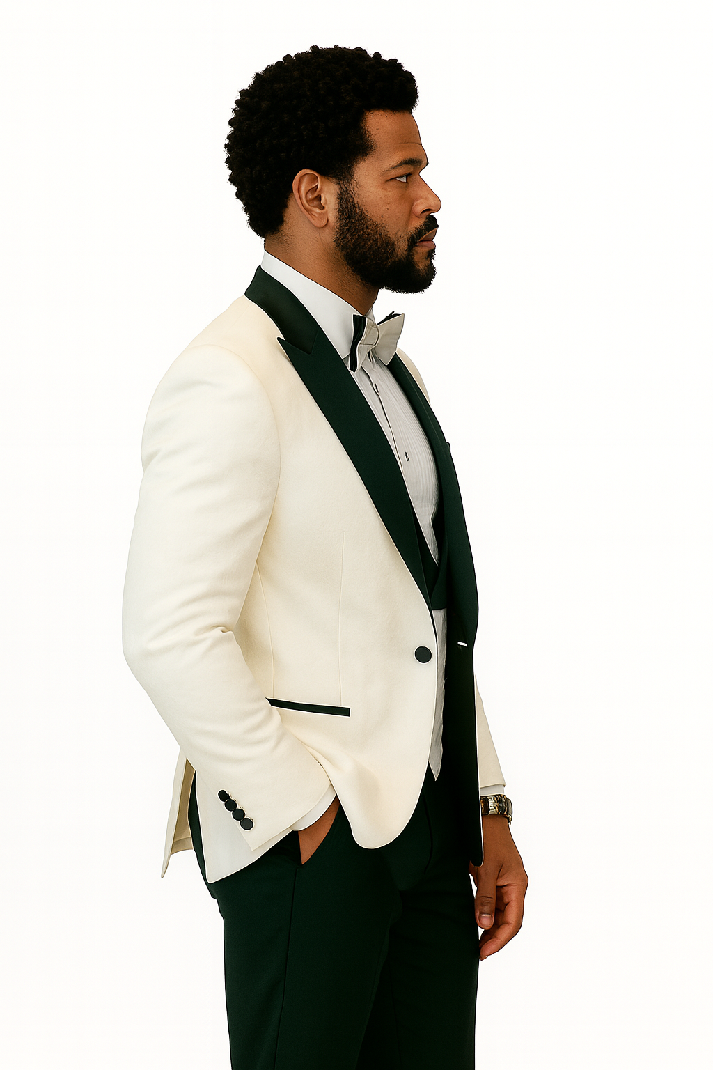 Hilton White and Black Paisley Peak Lapel Tuxedo Jacket with Matching Shawl Vest and Wool Pants – Includes Bow Tie - Image 8