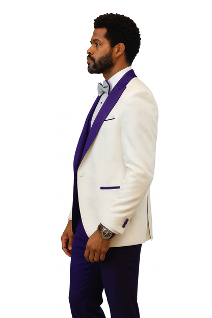 Hilton White and Purple Paisley Peak Lapel Tuxedo Jacket with Matching Shawl Vest and Wool Pants – Includes Bow Tie - Image 9