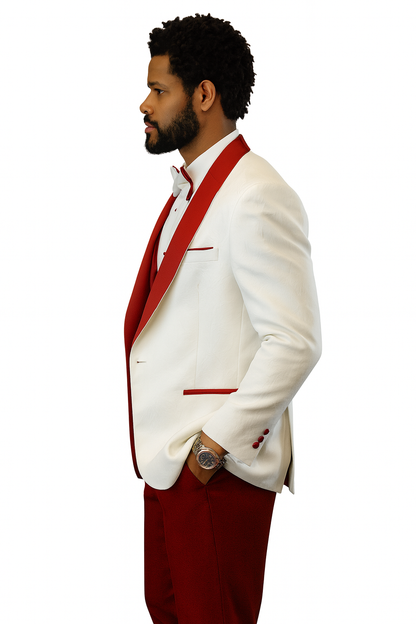 Hilton White and Red Paisley Peak Lapel Tuxedo Jacket with Matching Shawl Vest and Wool Pants – Includes Bow Tie - Image 9