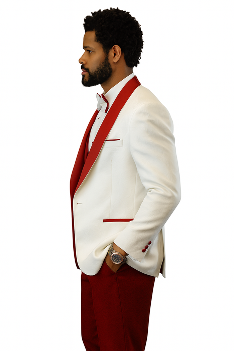 Hilton White and Red Paisley Peak Lapel Tuxedo Jacket with Matching Shawl Vest and Wool Pants – Includes Bow Tie