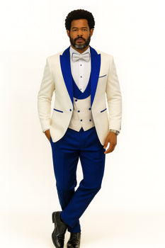 Hilton White and Royal Blue Paisley Peak Lapel Tuxedo Jacket with Matching Shawl Vest and Wool Pants – Includes Bow Tie - Image 2