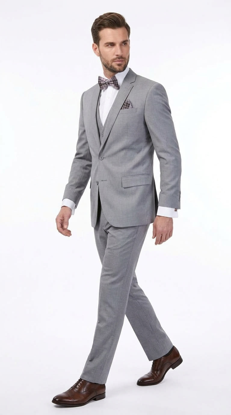 Slim Fit Suit Gray Narrow Lapel LOW VEST Vented European Men'S Slim Fit Suits - Three Piece Suit