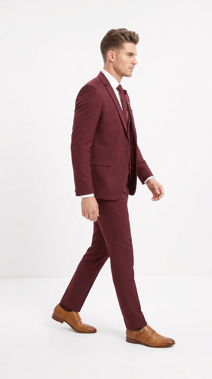 Mens 3-Piece Burgundy Slim Fit Suit with Vest – Wedding, Prom and Formal Wear