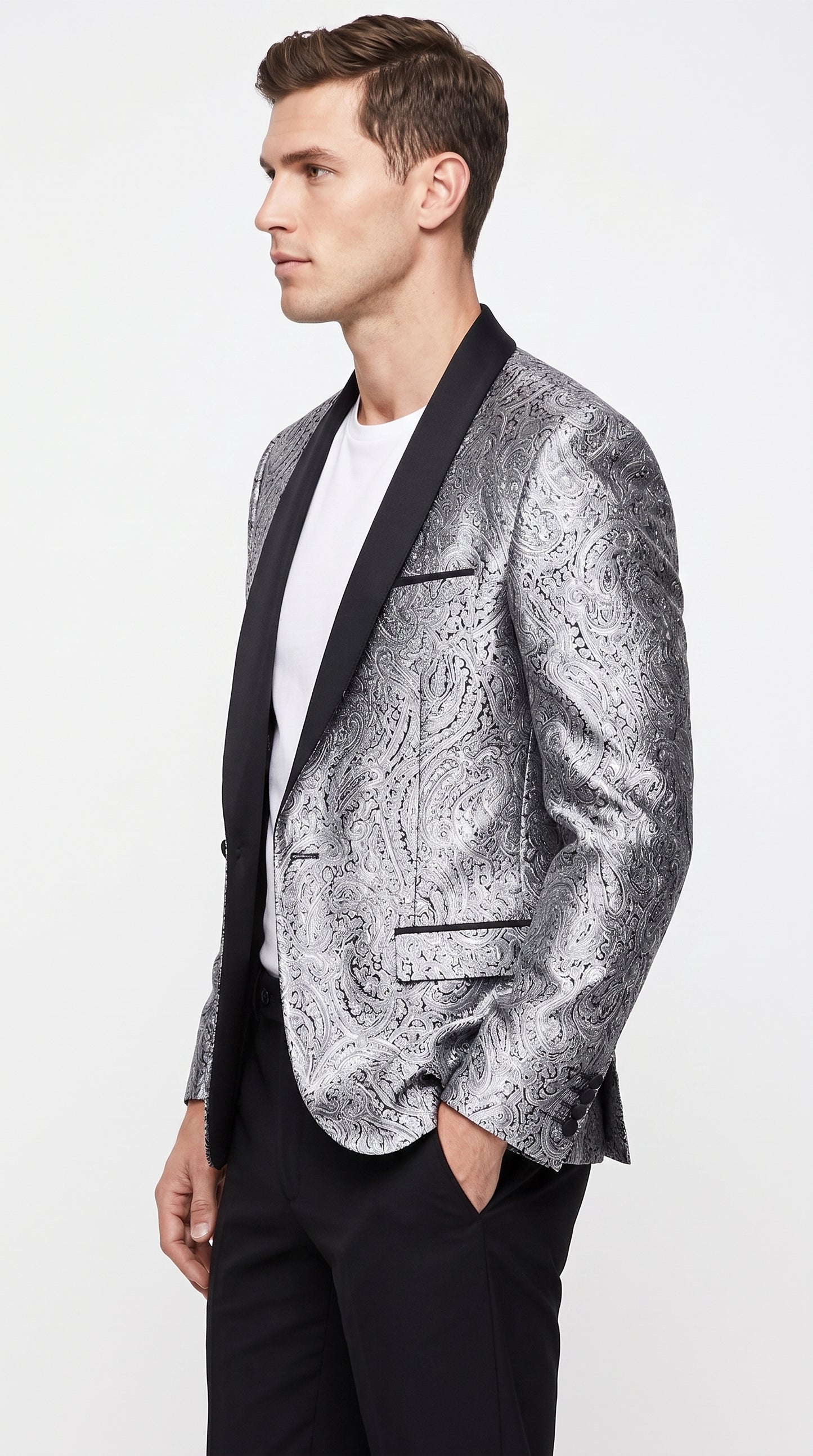 Alberto Nardoni Men's Silver Gray & Black Paisley Sequin Tuxedo Suit with Black Satin Shawl Lapel