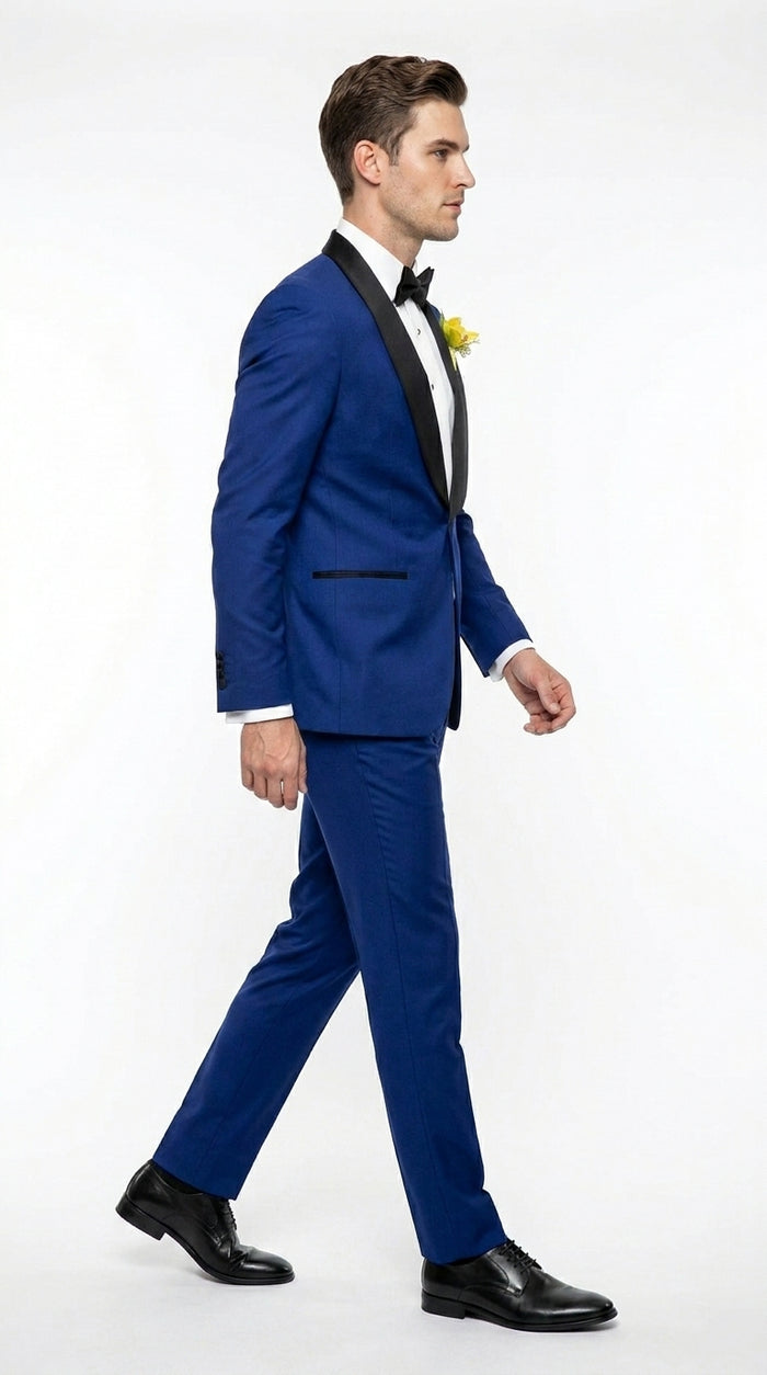 Men’s Royal Blue Tuxedo Dress Suit with Black Shawl Lapel, Formal Wedding Prom Suit