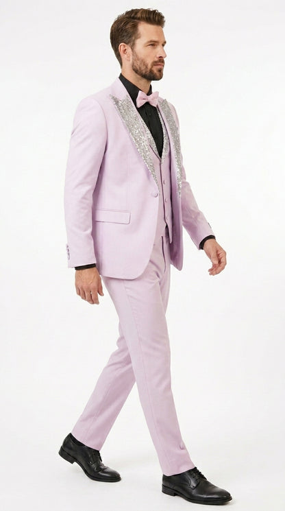Gray and Pink Prom Tuxedo - Perfect Wedding Suit Vested rhinestone sequin Lapelled