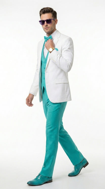 White and Turquoise Tuxedo Wedding Suit - White Dinner Jacket + Vest + Pants + Bow-tie
