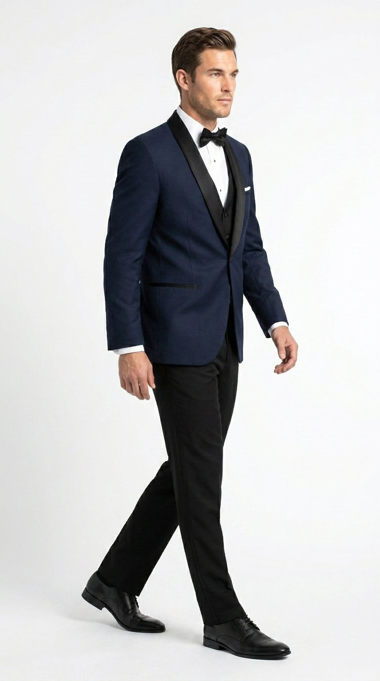 Suit Midnight Dark Navy Blue Suit For Men Tux With Black Lapel Suit Shawl Collar 1 Button Dinner Jacket Looking