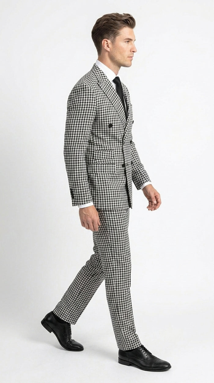 Men’s Black and White Houndstooth 2 Piece Wool Suit with Double Breasted Jacket and Pants