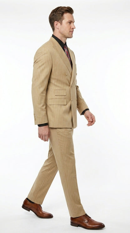 Mens Double Breasted Gangster Bold Pinstripe Suit in Camel