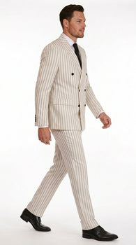 Men’s Off White Double Breasted Pinstripe Suit with Jacket and Pants, Formal Wedding Dress Suit