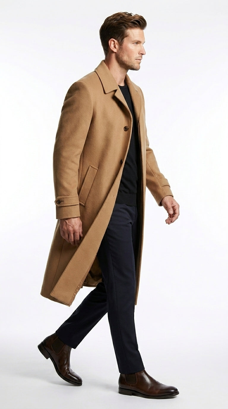Men’s Toast Full Length 53 Inch Top Coat with Single Breasted Front, Microfiber Dress Overcoat