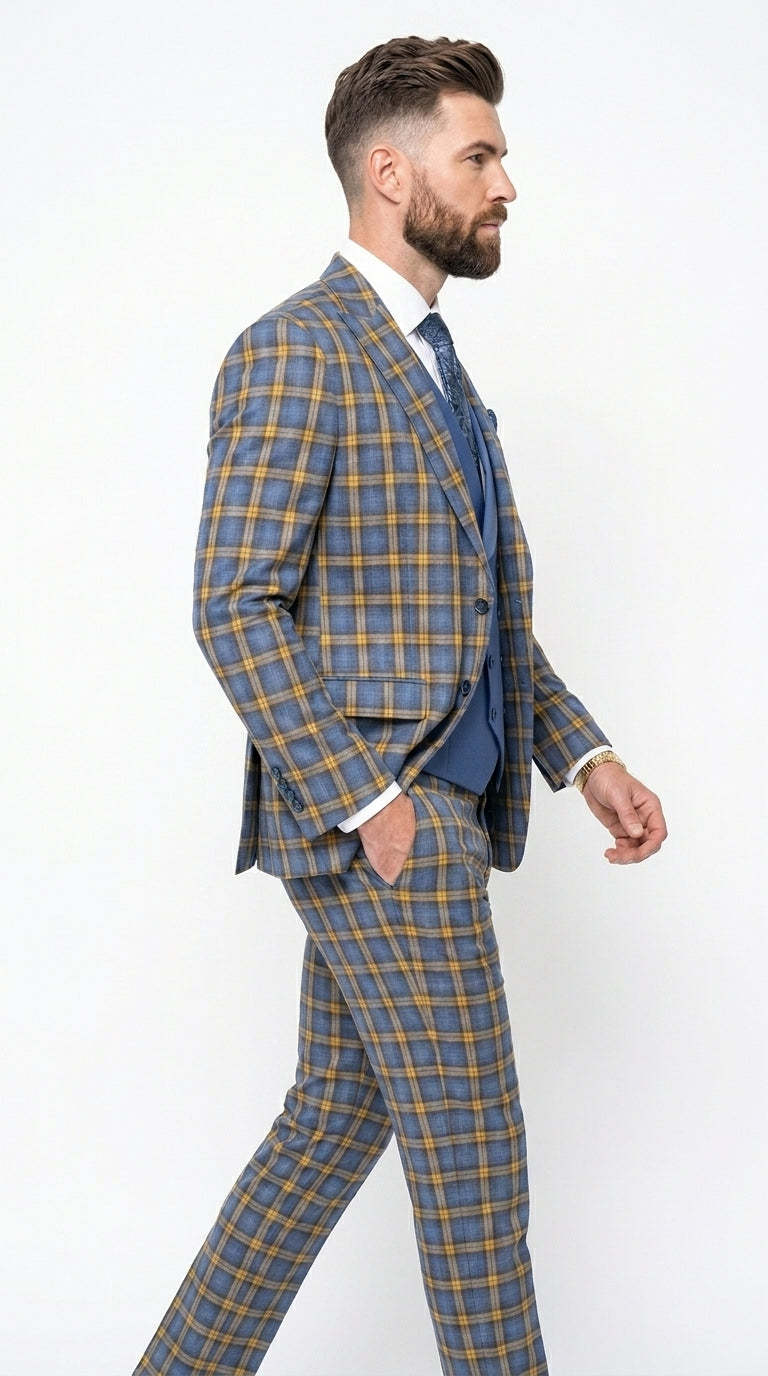 Statement - Men’s Blue and Gold Windowpane Plaid 3 Piece Wool Suit with Double Breasted Vest Modern Fit