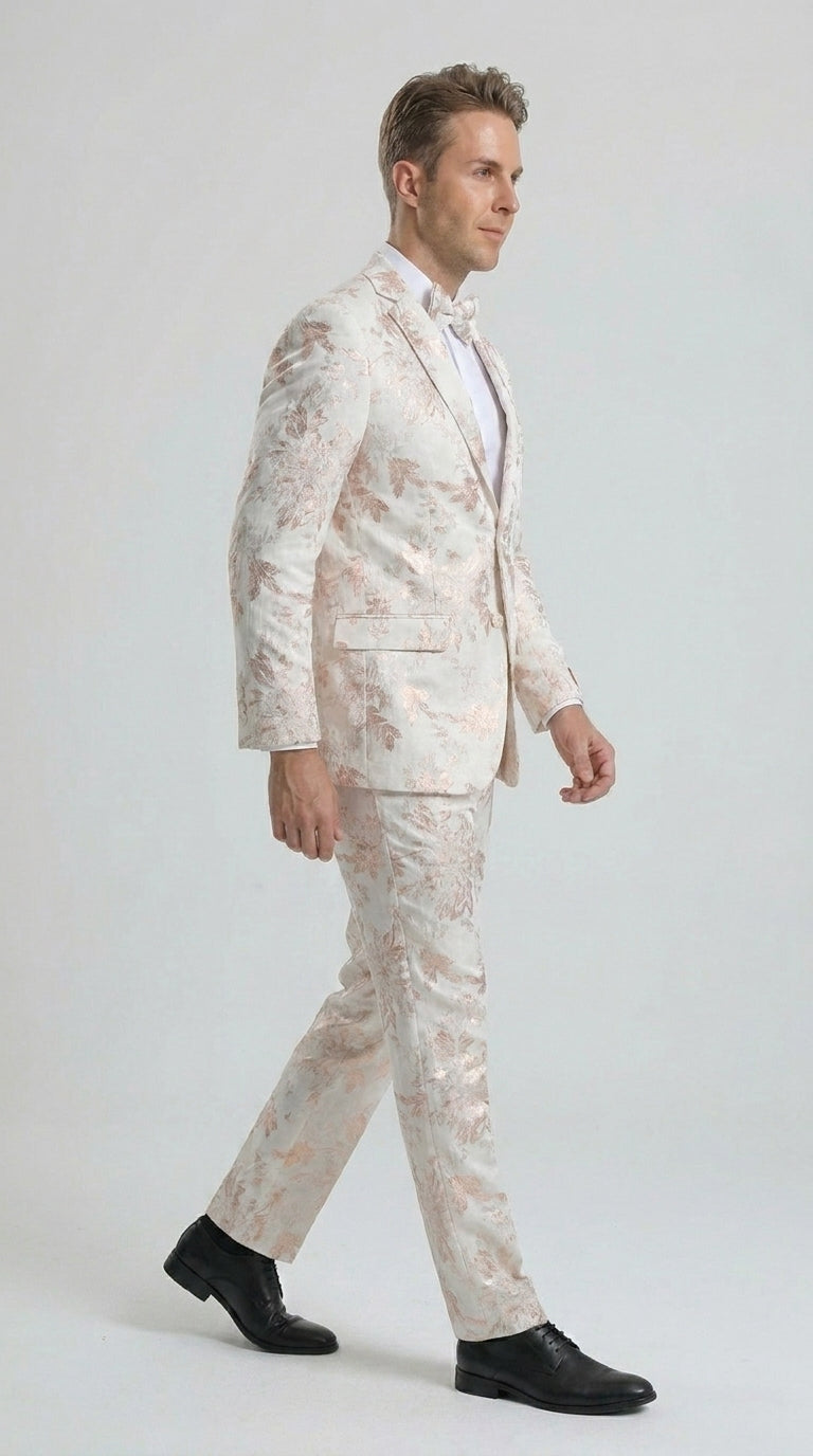 Men’s Gold and White Prom Suit with Floral Pattern Jacket, Matching Pants and Bow Tie Modern Fit