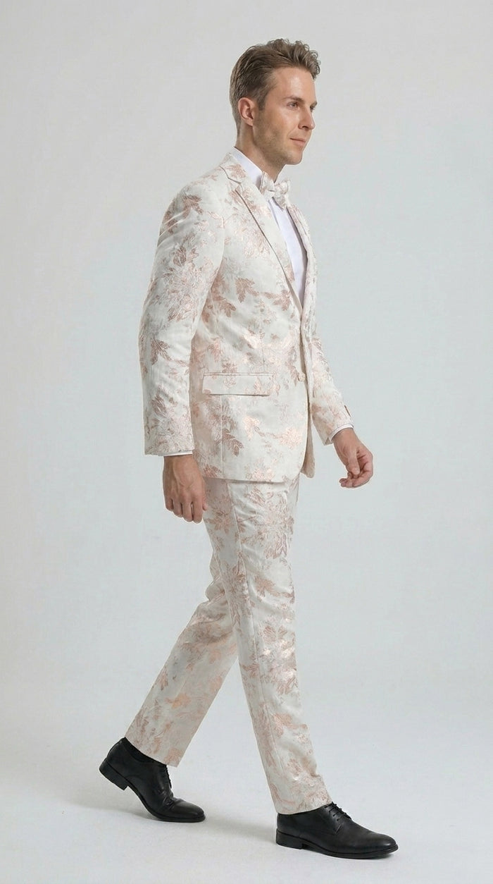 Men’s Gold and White Prom Suit with Floral Pattern Jacket, Matching Pants and Bow Tie Modern Fit