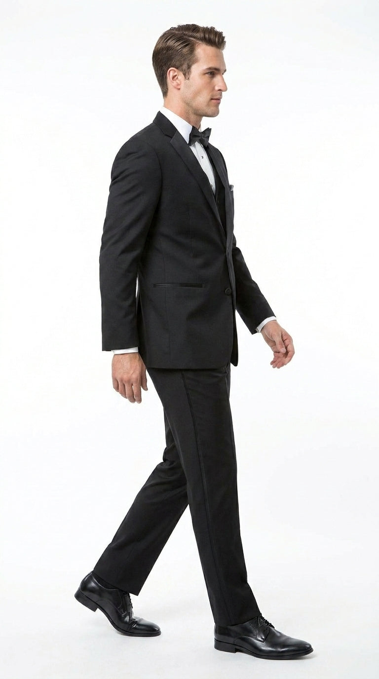 Men’s Black 2 Button Classic Vested Wedding Tuxedo with Satin Lapel and Matching Pants
