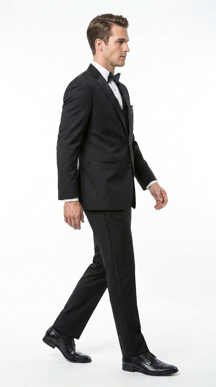 Men’s Black 2 Button Classic Vested Wedding Tuxedo with Satin Lapel and Matching Pants