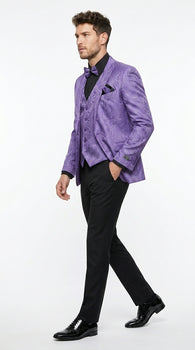 Men’s Purple Paisley Prom Tuxedo Suit, Wedding Floral Jacket with Matching Vest and Pants