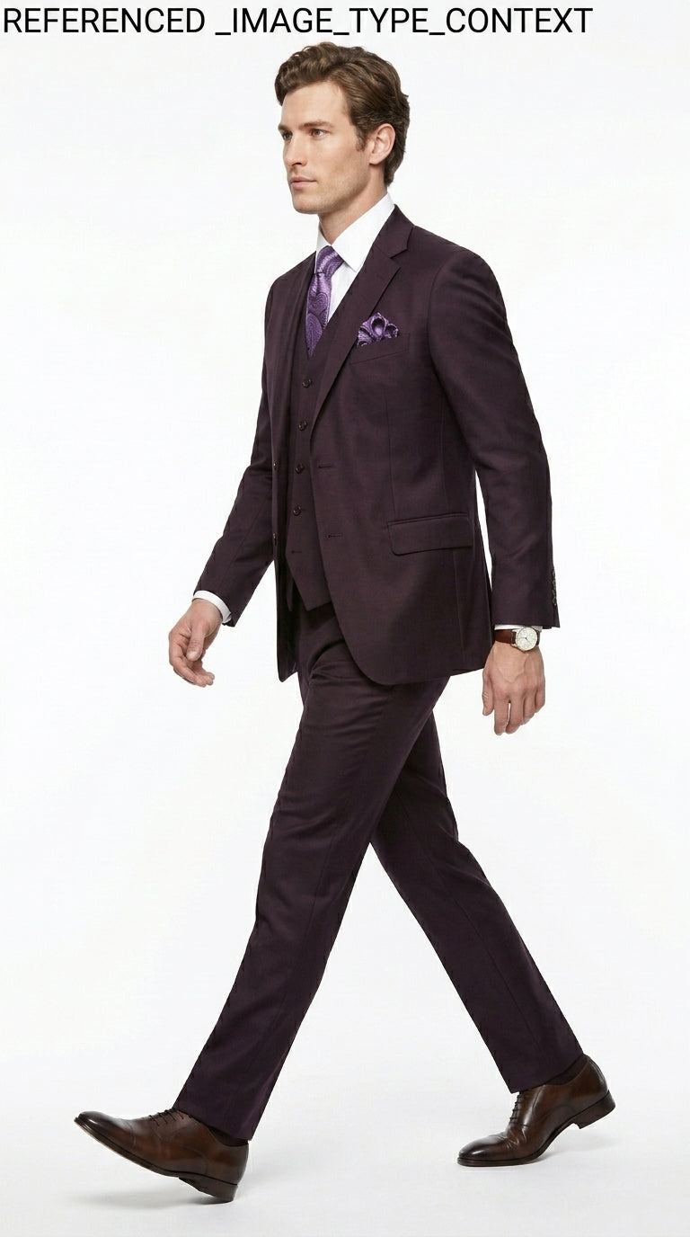 Men’s Very Dark Purple Plum Eggplant 3 Piece Suit, Classic Vested 2 Button Wedding Business Suit Set