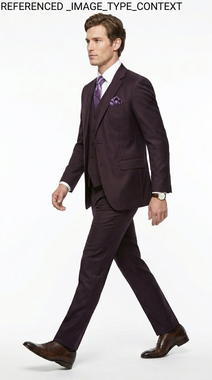 Men’s Very Dark Purple Plum Eggplant 3 Piece Suit, Classic Vested 2 Button Wedding Business Suit Set