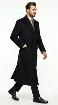 Men’s Black Six Button Fully Lined Overcoat, Long Winter Topcoat for Formal Business Wear