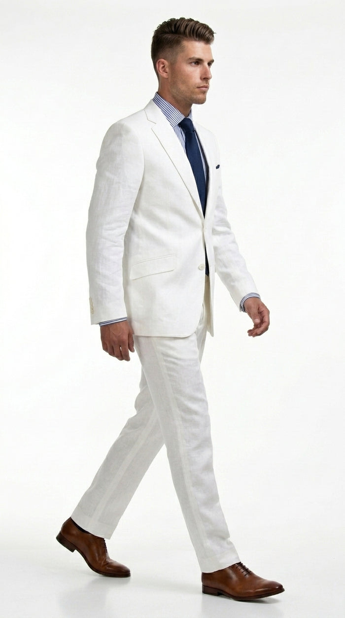 Men’s White Lightweight Linen 2 Button Suit, Formal Wedding Beach Summer Suit Set