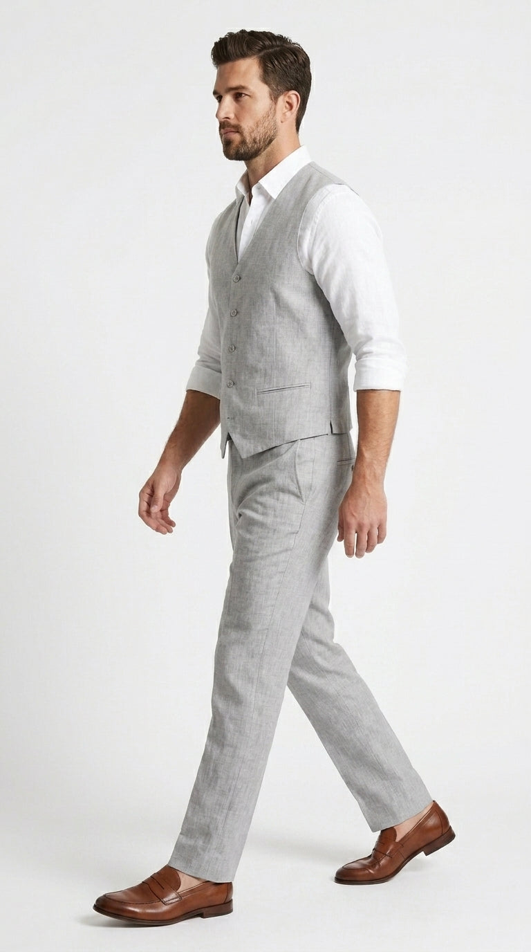 Men’s Light Grey Linen Vest and Pants Set, Beach Wedding Summer Formal Outfit