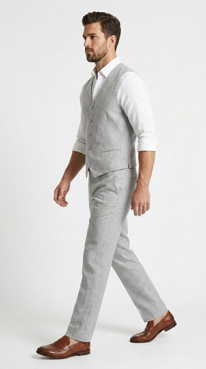 Men’s Light Grey Linen Vest and Pants Set, Beach Wedding Summer Formal Outfit
