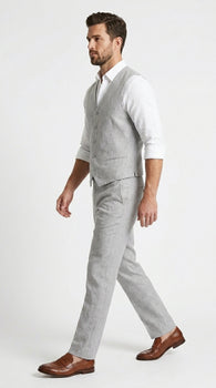 Men’s Light Grey Linen Vest and Pants Set, Beach Wedding Summer Formal Outfit