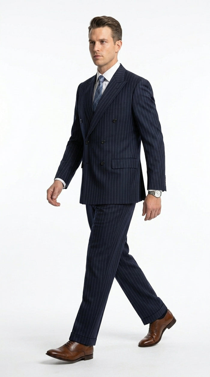 Men’s Dark Navy Blue Pinstripe Double Breasted Suit, Formal Business Wedding Dress Suit Set
