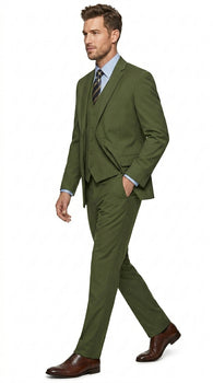 Men’s Olive Vested Suit, Classic Fit 3 Piece Flat Front Formal Wedding Business Suit Set