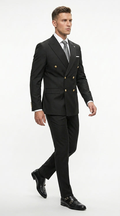 Men’s Black Double Breasted Wool Suit with Gold Buttons, Designer Formal Wedding Business Suit Set Modern Fit