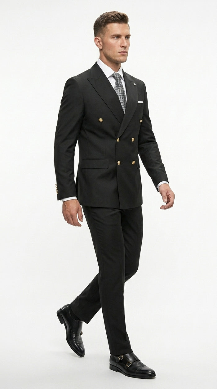 Men’s Black Double Breasted Wool Suit with Gold Buttons, Designer Formal Wedding Business Suit Set Modern Fit