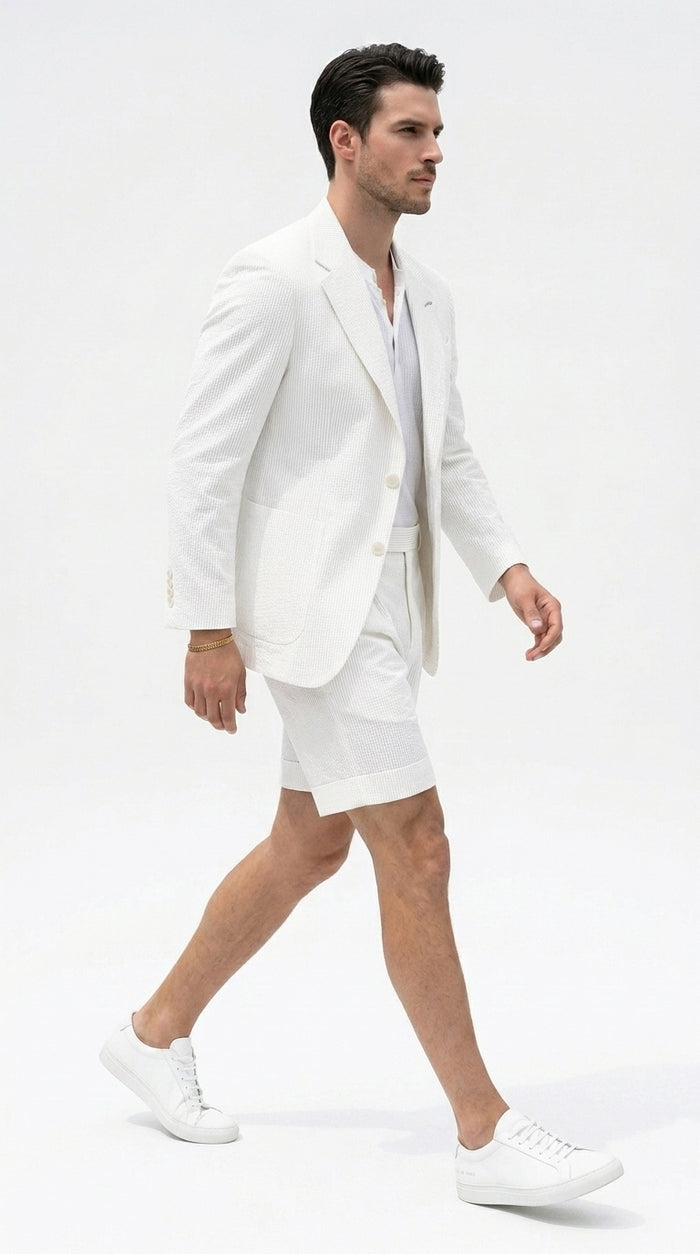 Men’s White Seersucker Suit with Shorts, Summer Wedding Beach Casual Mini Pinstripe Suit Set Modern Fit
