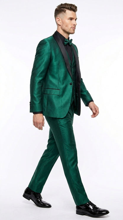 Men’s Emerald Green 3 Piece Tuxedo with Black Satin Shawl Lapel and Matching Vest