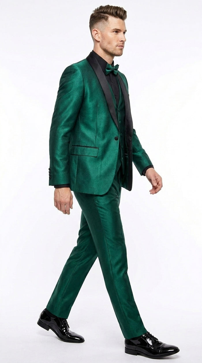 Men’s Emerald Green 3 Piece Tuxedo with Black Satin Shawl Lapel and Matching Vest