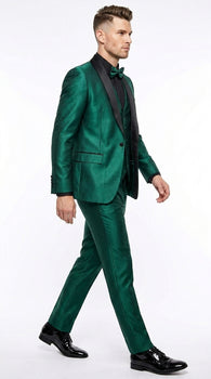 Men’s Emerald Green 3 Piece Tuxedo with Black Satin Shawl Lapel and Matching Vest