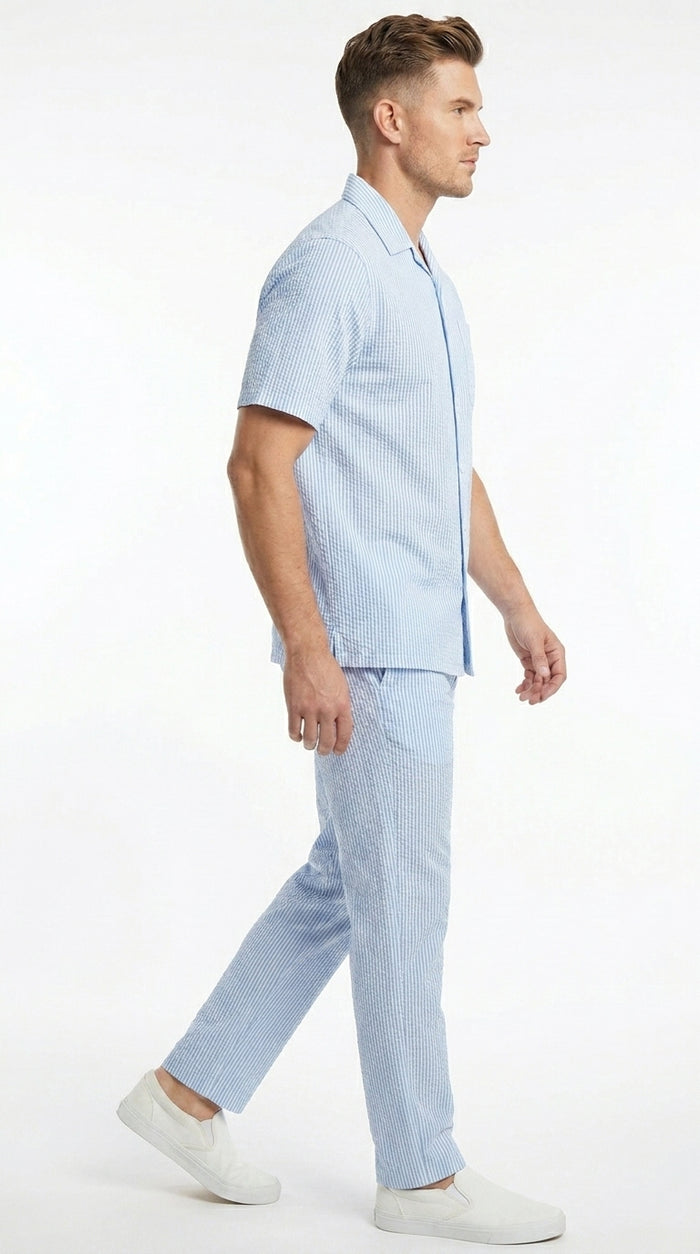 Men’s Blue Seersucker 2 Piece Walking Set, Short Sleeve Shirt and Pants Summer Outfit