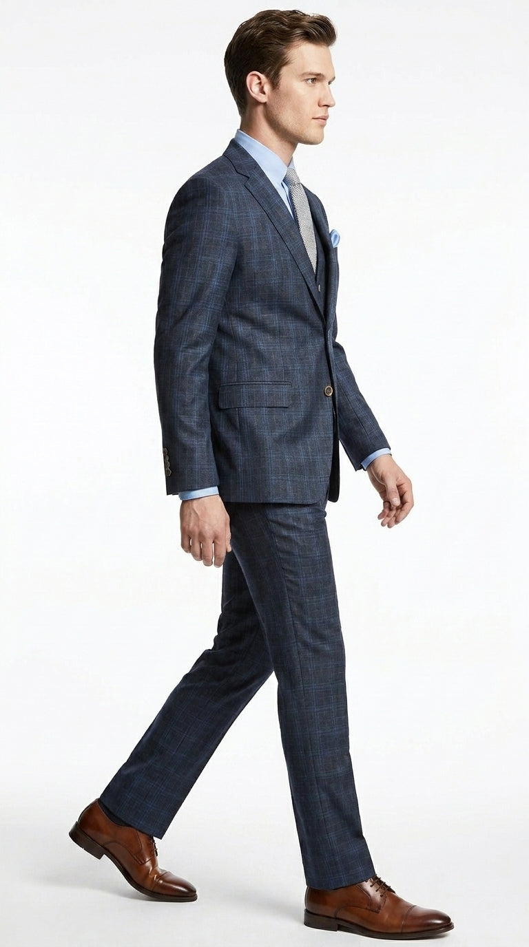 Men’s Charcoal Grey and Blue Plaid 3 Piece Vested Suit, Formal Wedding Business Dress Suit Set