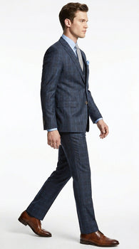 Men’s Charcoal Grey and Blue Plaid 3 Piece Vested Suit, Formal Wedding Business Dress Suit Set