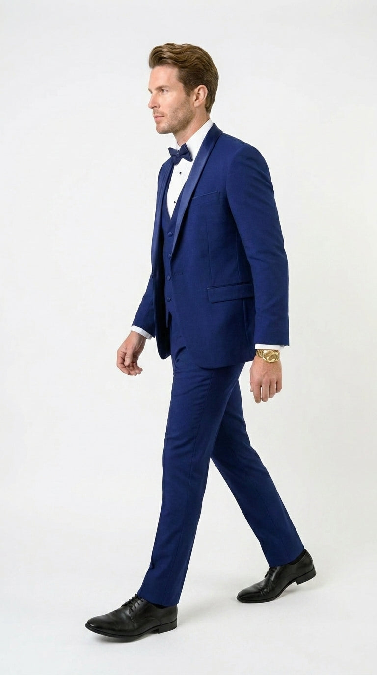 Men’s Bright Sapphire Blue 1 Button Shawl Lapel Vested Tuxedo, Formal Wedding Prom Dinner Suit Set