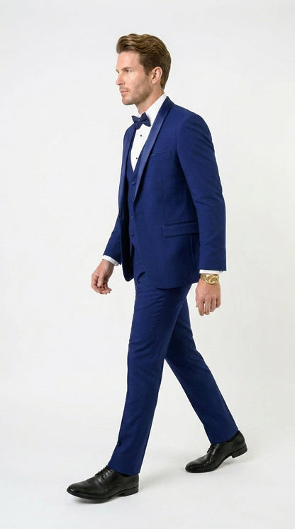 Men’s Bright Sapphire Blue 1 Button Shawl Lapel Vested Tuxedo, Formal Wedding Prom Dinner Suit Set