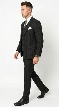 Mens Italian Wool Suit Color Black - Men's Designer Wool Pleated Pant Vested Black Gangster Pinstripe Suit